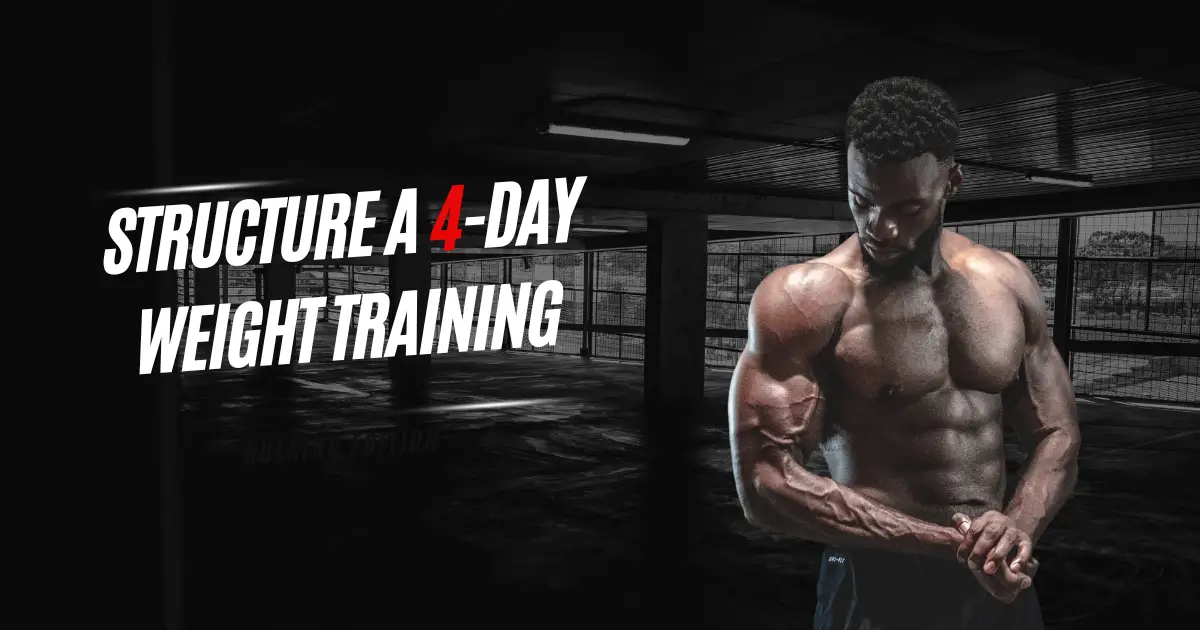 Illustration of a 4-day weight training split schedule, highlighting targeted muscle groups and optimal workout structure for muscle growth and recovery. Let me know if you want a shorter version or one tailored to a specific image layout!