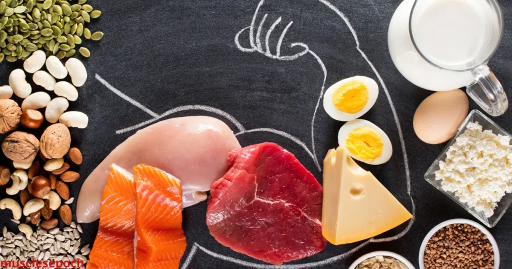 Assorted high-protein foods including chicken breast, eggs, Greek yogurt, lentils, whey protein powder, and tofu on a wooden table.