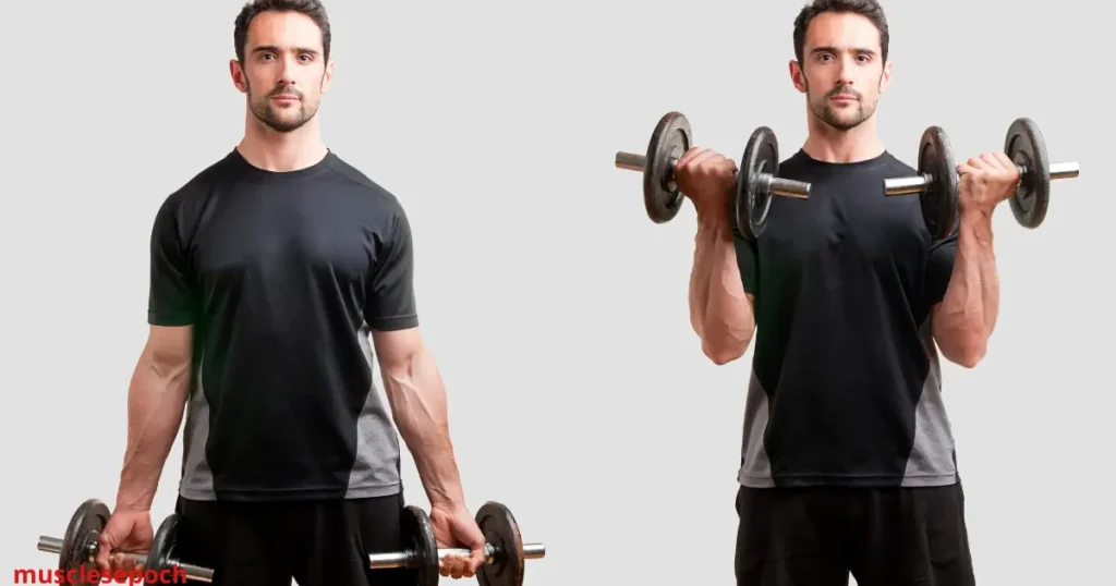 Athlete performing bicep curls with dumbbells to build arm strength and muscle definition.