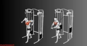 Person performing cable crossover exercise using adjustable pulleys to target chest muscles.