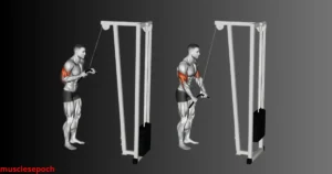 Person performing cable triceps pushdowns at the gym using a rope attachment.