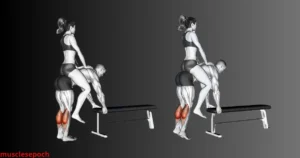 Fitness enthusiast performing donkey calf raises with added weight, emphasizing deep calf stretch and full contraction.