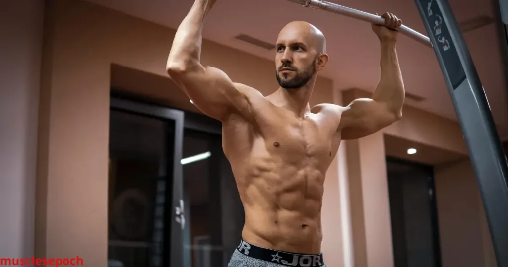 Individual performing resistance band rows at home and cable curls at the gym for back and bicep development.