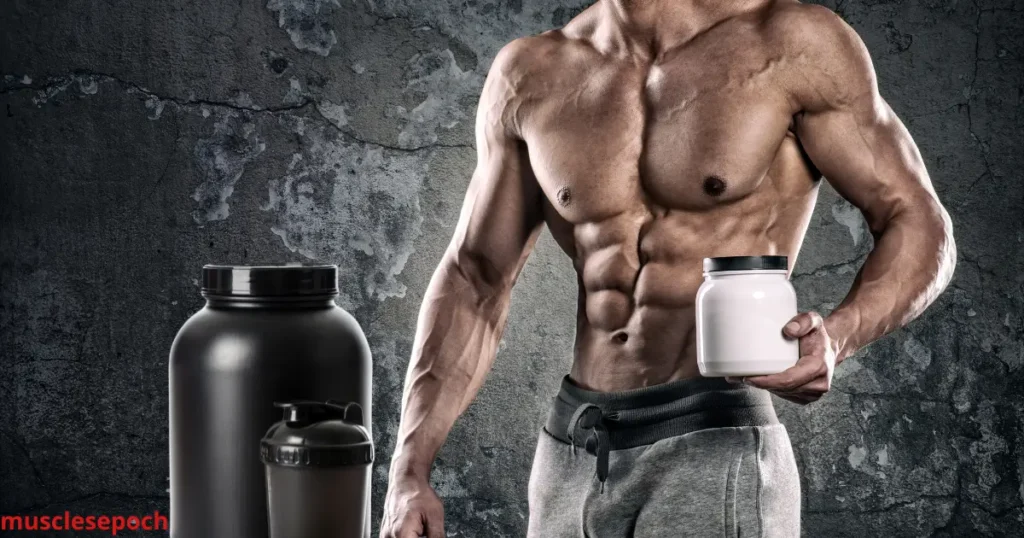 Flat lay of muscle-building supplements including whey protein, creatine, BCAAs, and omega-3 capsules with a notepad listing fitness tips.