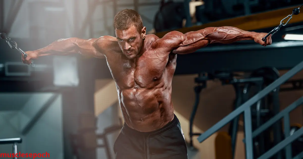 Man performing low cable chest fly with proper form in a gym, emphasizing chest contraction.