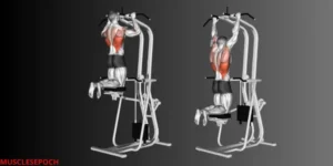 Person using an assisted pull-up machine to perform pull-ups with controlled form and support.
