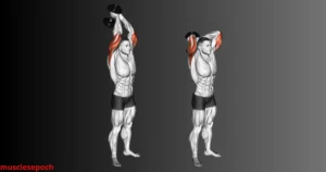 Beginner performing overhead triceps extension with a water bottle during a home workout.