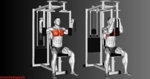 Person using pec deck machine to isolate chest muscles with controlled movement.