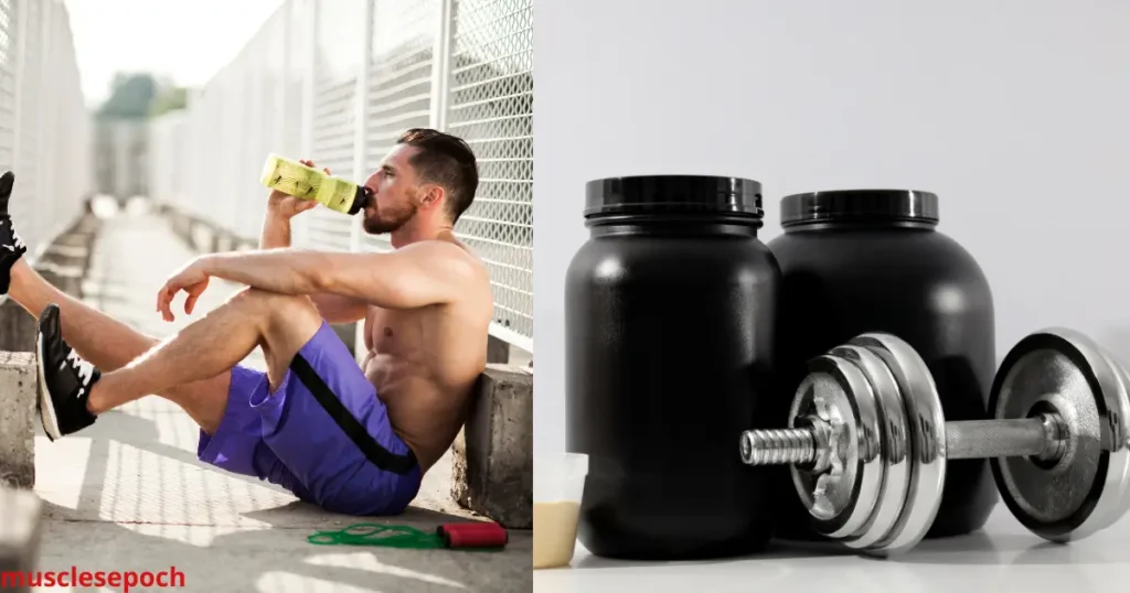Fitness supplements, sleep mask, notepad with progress chart, and water bottle arranged on a table to represent recovery and tracking for muscle growth.