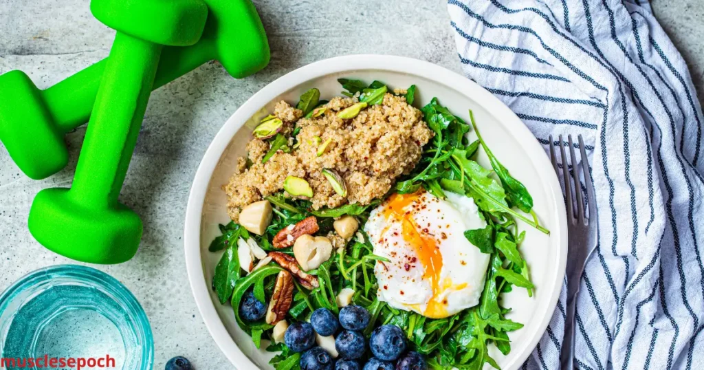 A balanced table showing sample pre-workout and post-workout meals including fruits, lean proteins, grains, and vegetables