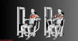 Individual performing a seated chest press exercise on a machine, focusing on proper form.