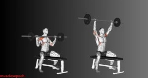 Athlete performing the seated military press with a barbell on a bench, targeting shoulder muscles with controlled overhead movement.