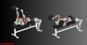 Person performing skull crushers with dumbbells on a bench to target triceps.