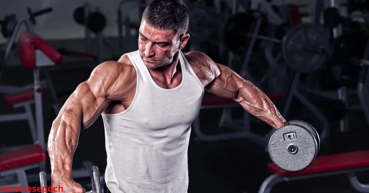 Person doing a dumbbell shoulder press highlighting shoulder muscles.