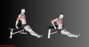 Beginner performing triceps dips on a sturdy chair for an at-home arm workout.