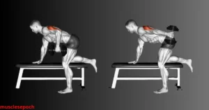 Person performing triceps kickbacks with dumbbells in a bent-over position during a home workout.