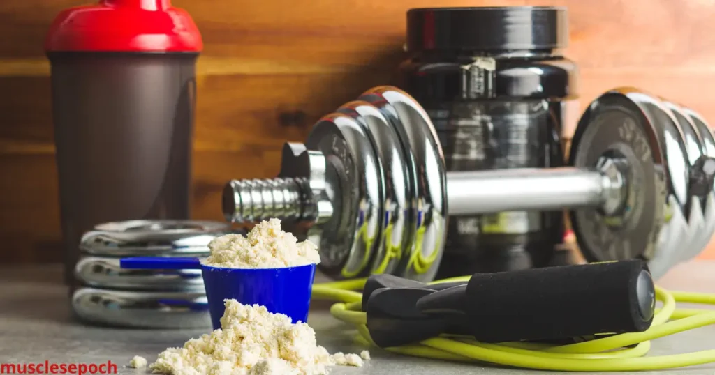 Containers of whey and plant-based protein powders with scoops, surrounded by fruits, oats, and a shaker bottle.