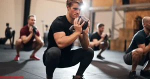 Athlete performing dumbbell goblet squats during leg day to target quads, hamstrings, and glutes.