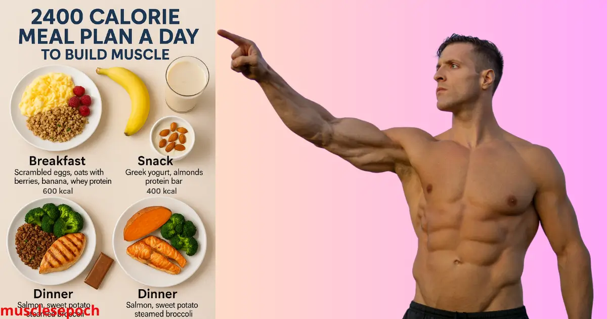 Infographic showing a 2400 calorie muscle-building meal plan with balanced meals, portion sizes, and macronutrient breakdowns across breakfast, lunch, dinner, snacks, and workout nutrition.
