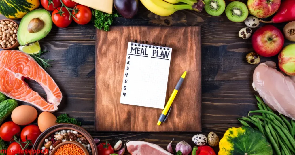 Weekly 7-day meal plan chart showing balanced 1500 calorie meals and snacks for each day