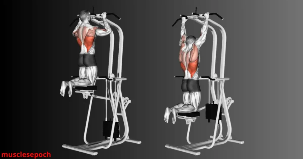 Individual performing assisted pull-ups using a resistance band to build upper body and lat strength.
