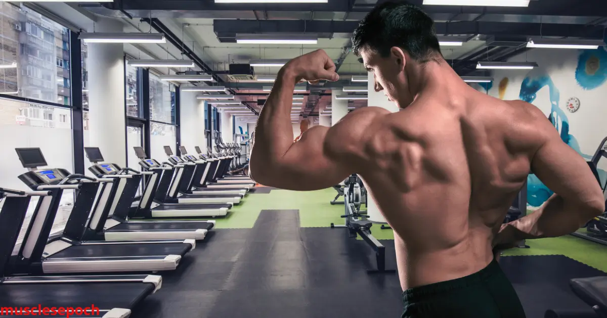 Skinny man performing a dumbbell shoulder press in a gym, focusing on building upper body muscle.