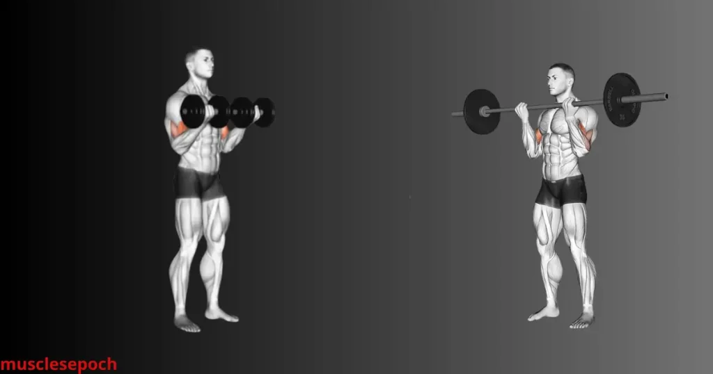 Beginner doing barbell or dumbbell bicep curls with proper form.