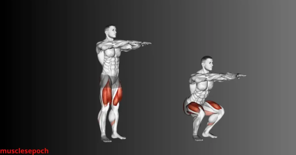 Person performing a bodyweight squat with proper form, feet shoulder-width apart and arms extended forward.
