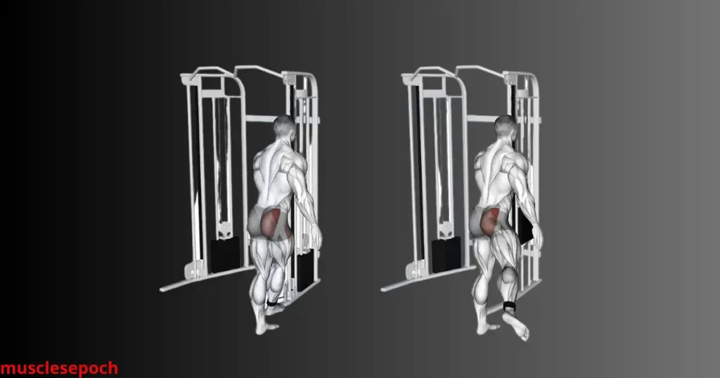 Person performing inner thigh exercises using a cable machine with an ankle strap attachment in a gym.