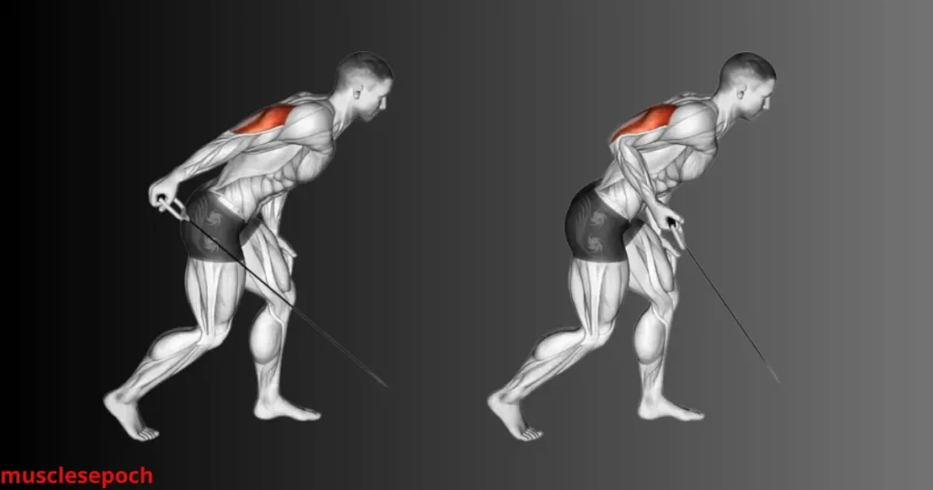 Person performing cable tricep kickbacks using a low pulley machine, extending the arm back to target the triceps with constant tension.