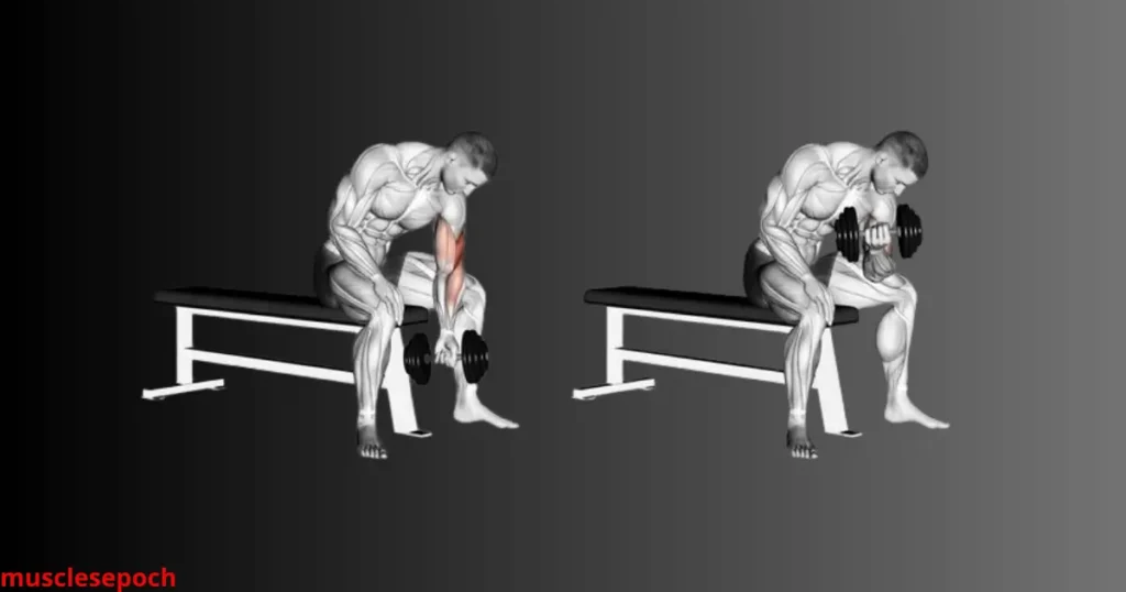 Man performing concentration curls with a dumbbell to isolate the short head of the biceps.