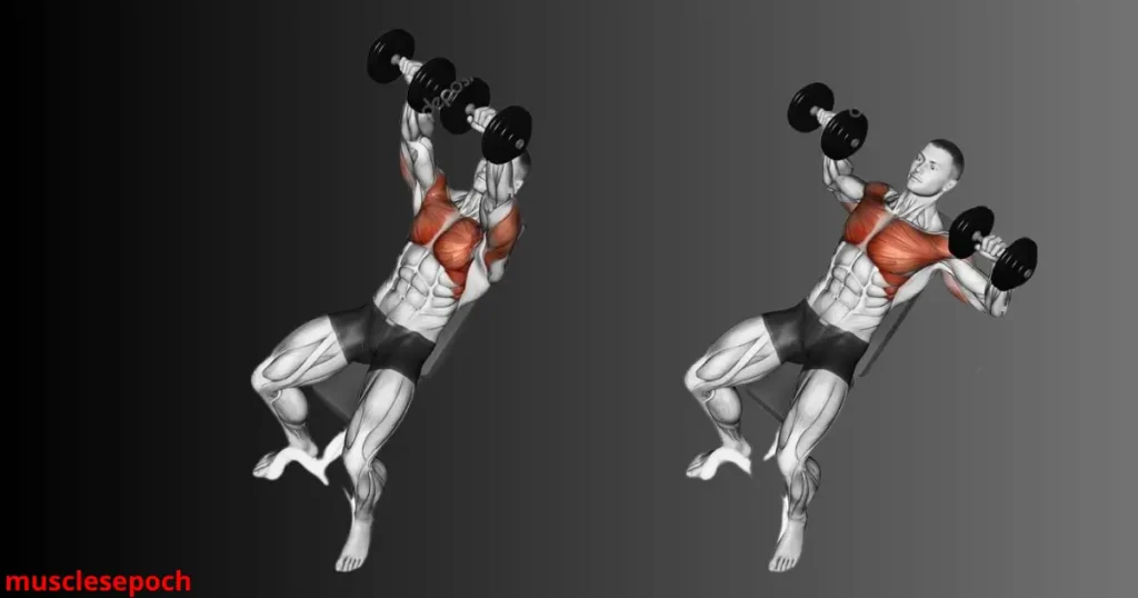 Person performing a dumbbell incline press on a bench to target the upper chest muscles.