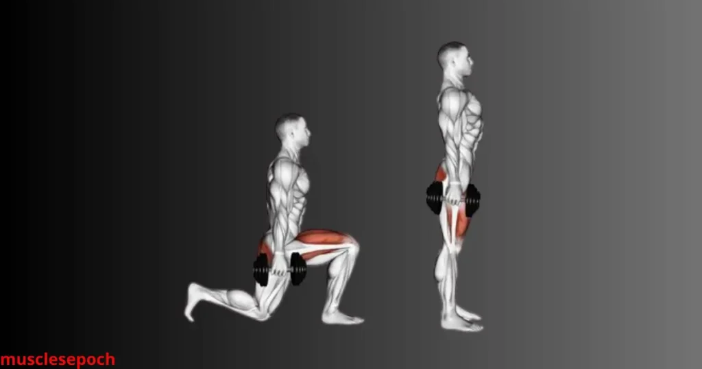 Person performing walking lunges with dumbbells in hand, stepping forward with proper form and posture.