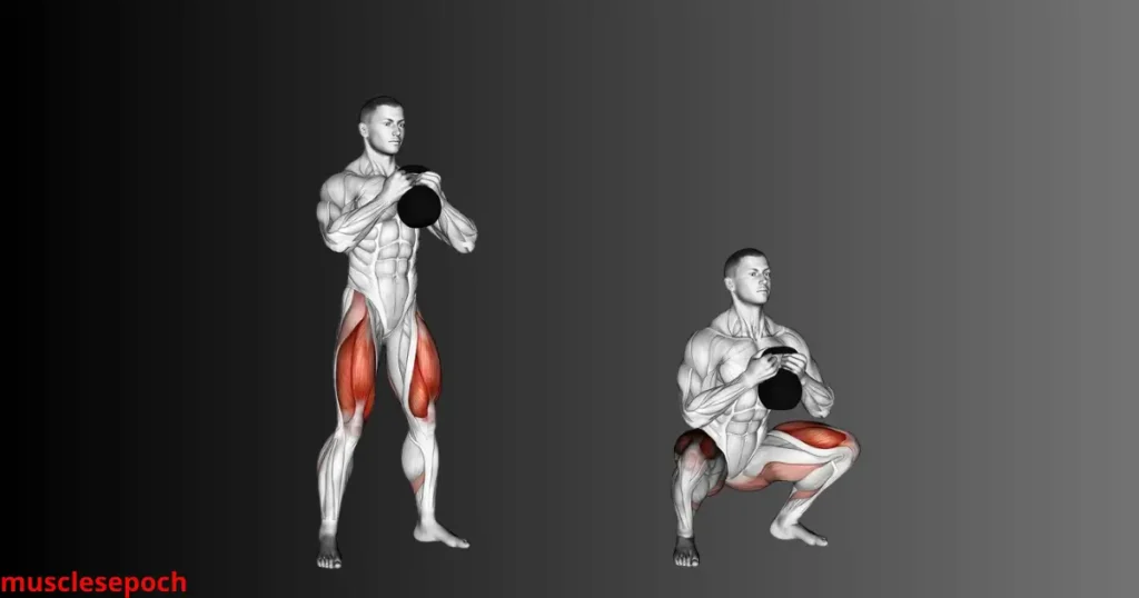 Person performing a goblet squat while holding a dumbbell at chest level, demonstrating controlled lower body movement.