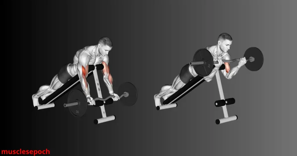 A fit man performs a spider biceps curl on an incline bench with strict form, showing full arm extension and contraction during the lift.