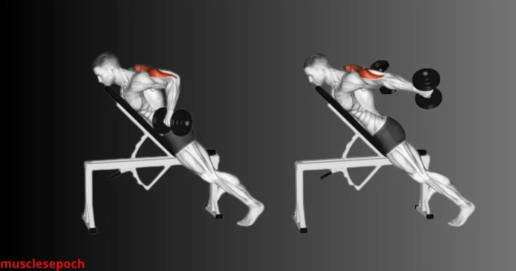 Beginner doing incline dumbbell tricep kickbacks on a bench to target the long head of the triceps.