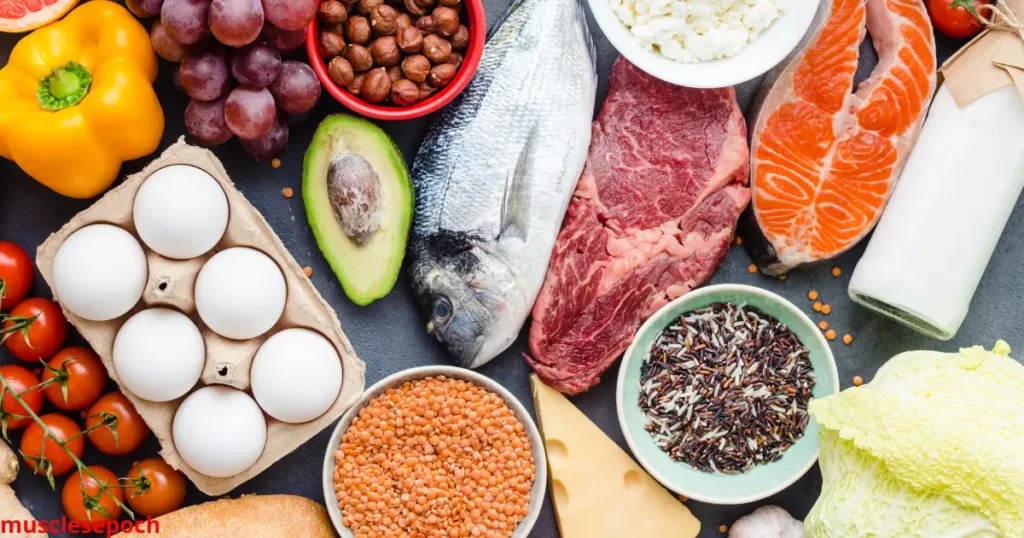 Infographic showing calorie surplus, macronutrient breakdown (protein, carbs, fats), and high-calorie food examples for muscle gain.