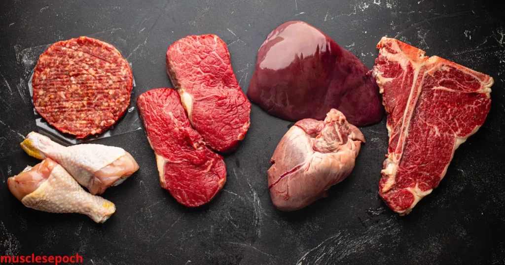 Selection of key high-protein carnivore diet foods including steak, eggs, liver, ground beef, and salmon on a dark background.