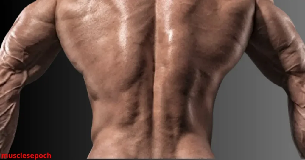 Anatomical diagram highlighting major muscle groups engaged during lower back dumbbell exercises, including the erector spinae, glutes, hamstrings, and core.