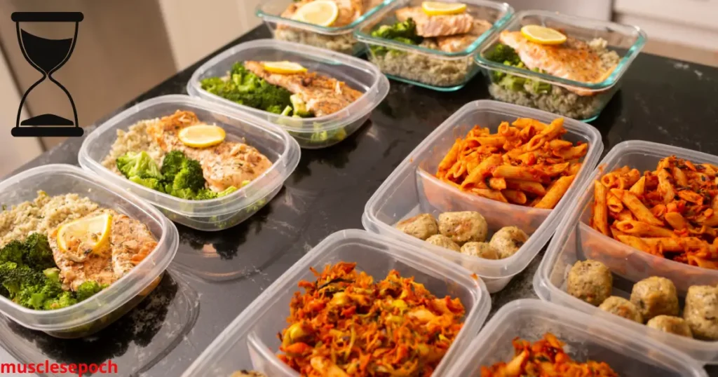 Diagram illustrating optimal meal timing and nutrient distribution across the day to support muscle growth, including pre- and post-workout nutrition.