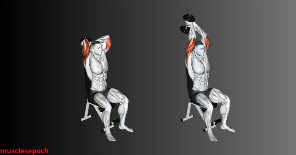 Beginner performing an overhead dumbbell tricep extension to target the long head of the triceps.