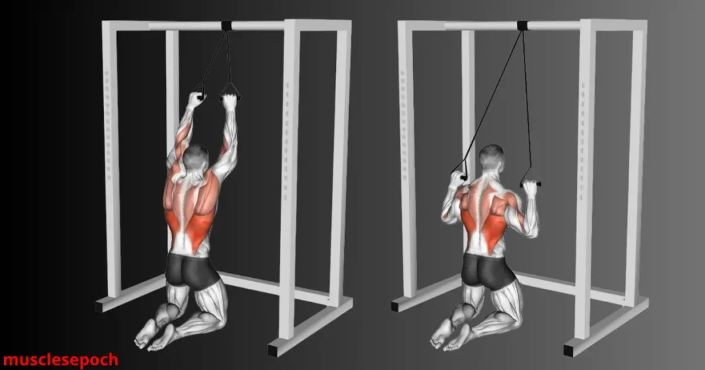 Person performing a resistance band lat pulldown at home to strengthen the back and lats.
