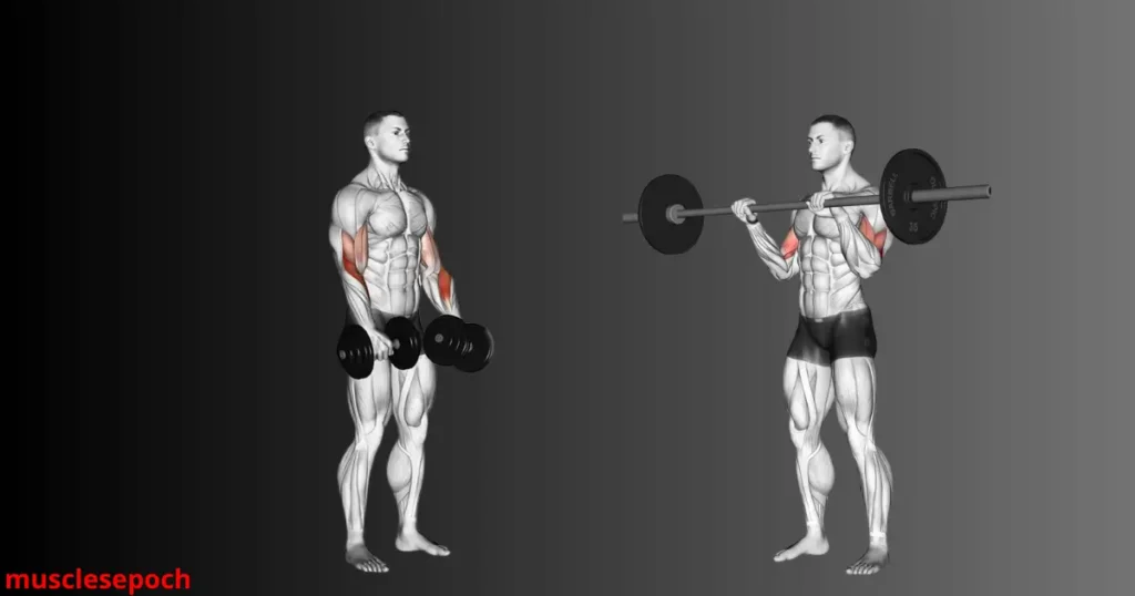 Athlete performing reverse curls with an EZ bar, using an overhand grip to target the brachialis and forearms.