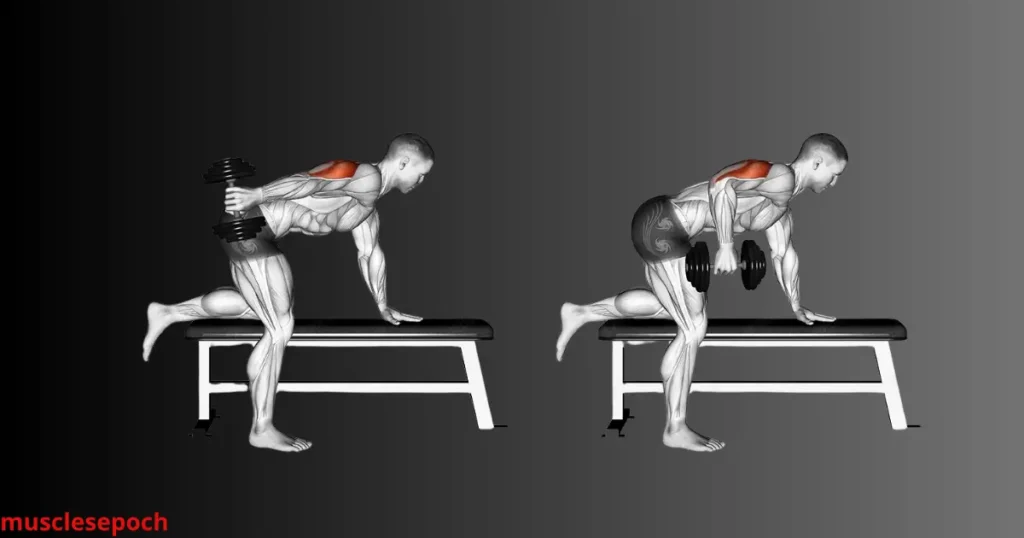 Individual performing single-arm tricep kickbacks with a dumbbell while supporting the body with the opposite hand on a bench.
