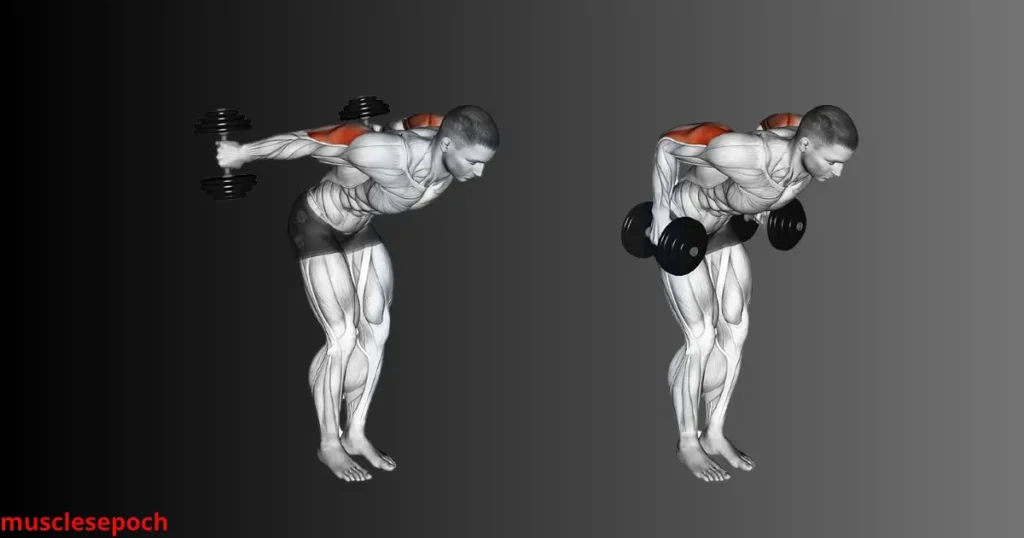 Person performing standing dumbbell tricep kickbacks with a flat back and neutral spine, extending arms to target the triceps.