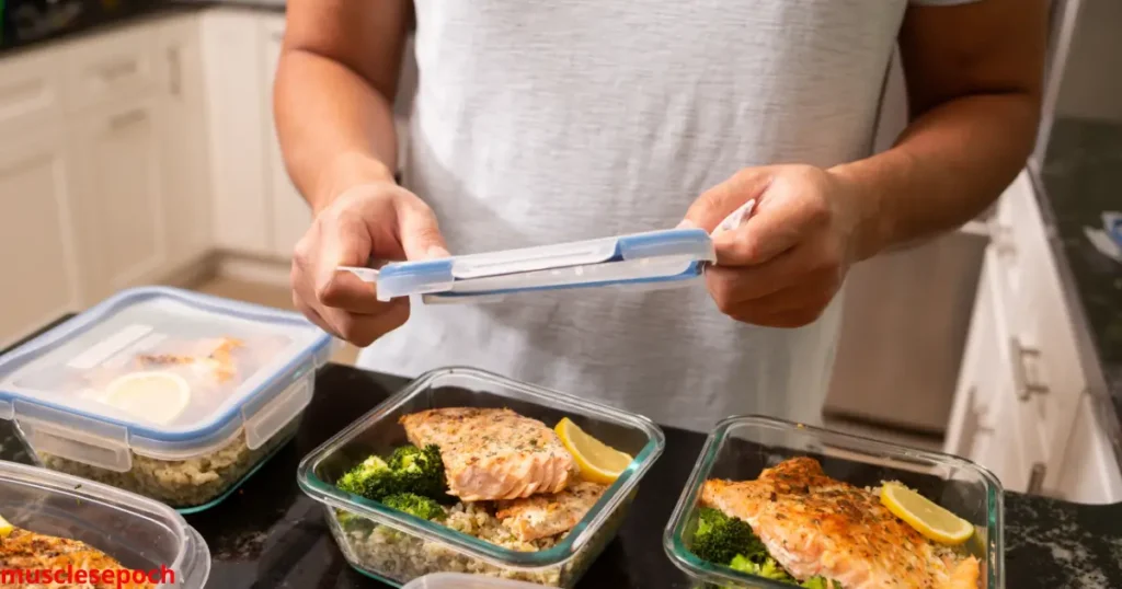 Daily meal plan layout showing high-protein breakfast, balanced lunch and dinner, snacks, and a post-workout shake for bulking.