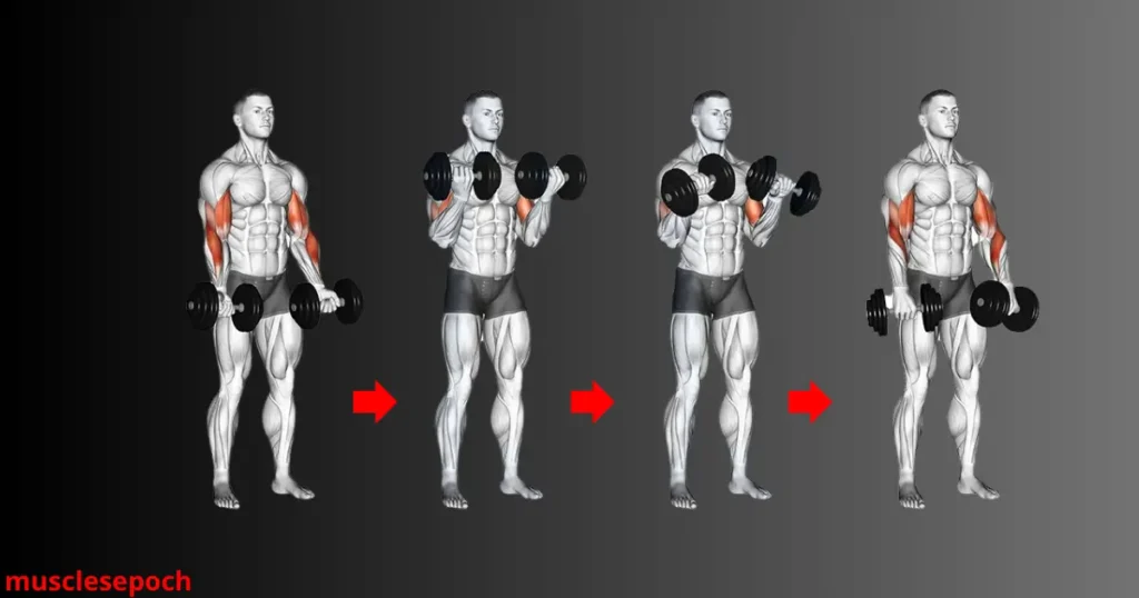 Man performing Zottman curls with dumbbells, combining supinated and pronated grips to target both biceps and brachialis.